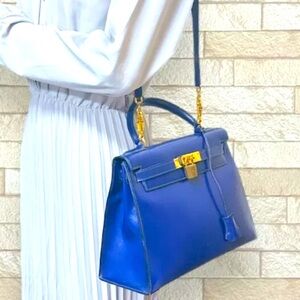 AUTH.🦄 HERMES Blu de France Kelly 28 Bag with Lock EXCELLENT condition Rare!